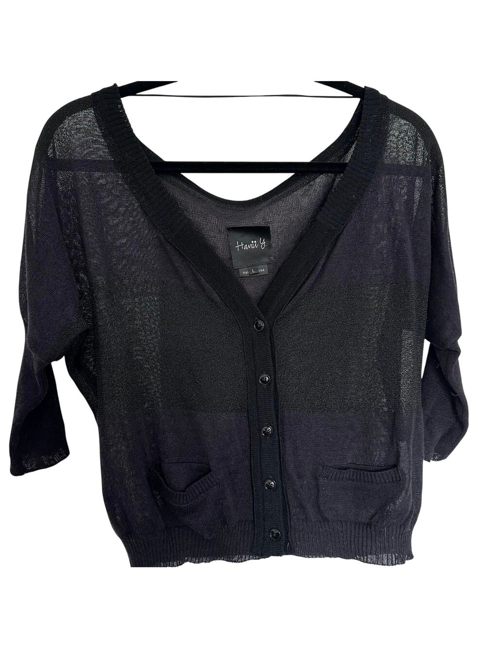 Hanii Y (L) Whimsygoth Black/Purple Sheer Knit Cardigan-Dark Academia 3/4 Sleeve